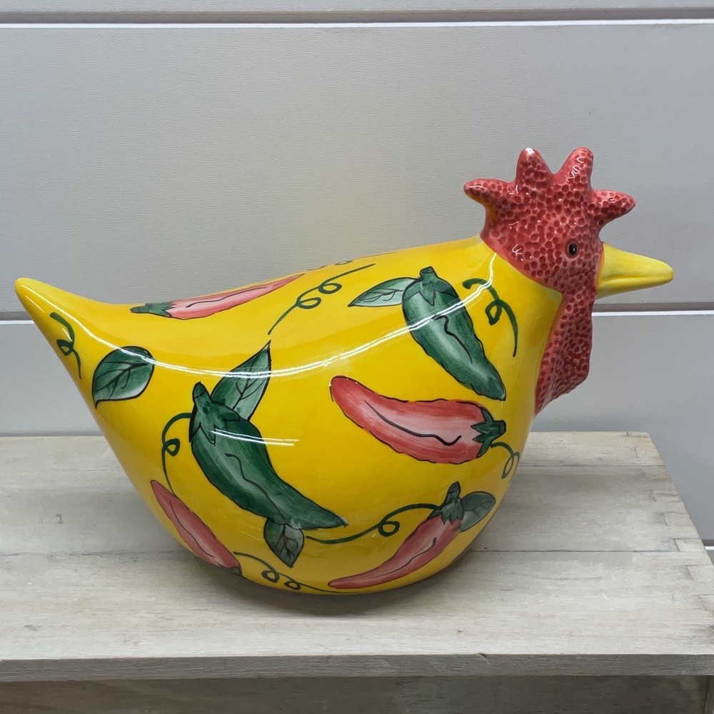 CBK Ltd 1999 Handpainted Ceramic Chicken Figurine Yellow Chili Pepper Rooster